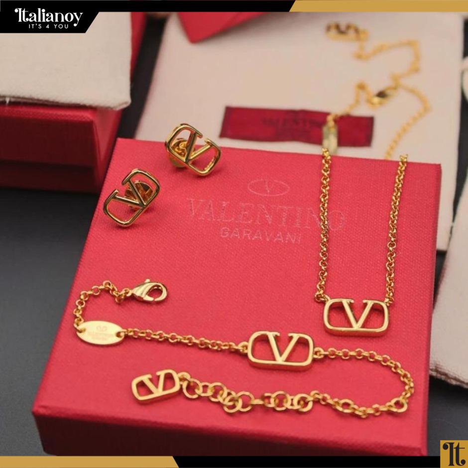 V logo Signature Metal Necklace - Bracelet - Earring Gold