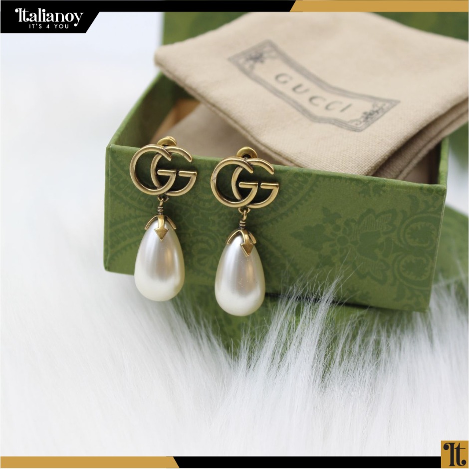Small Gold Logo Stud Earrings with Pearl Drop