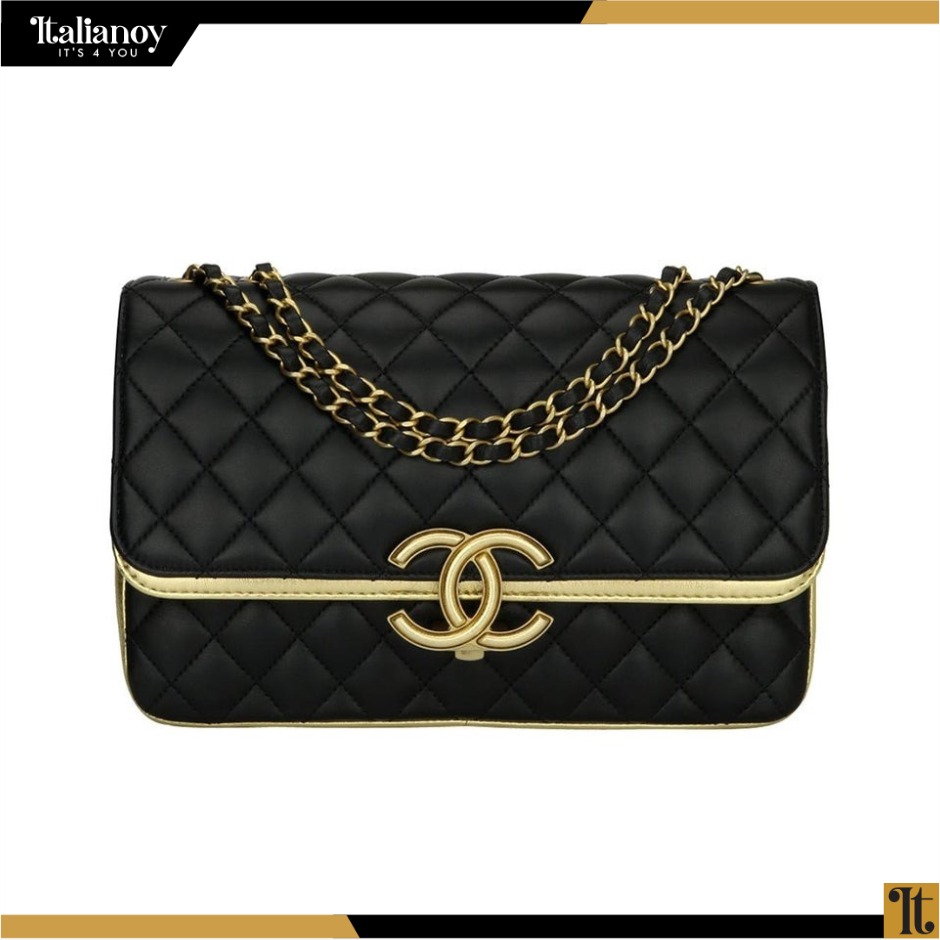 Chanel Classic double flap shoulder bag in black and gold quilted leather