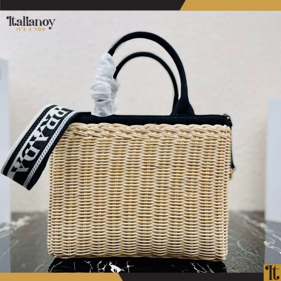 Prada Midollino basket design black and beige handbag