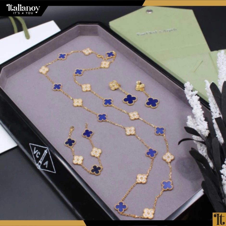 Van Clef Magic Alhambra Long Set Necklace & Bracelet & Earring Blue