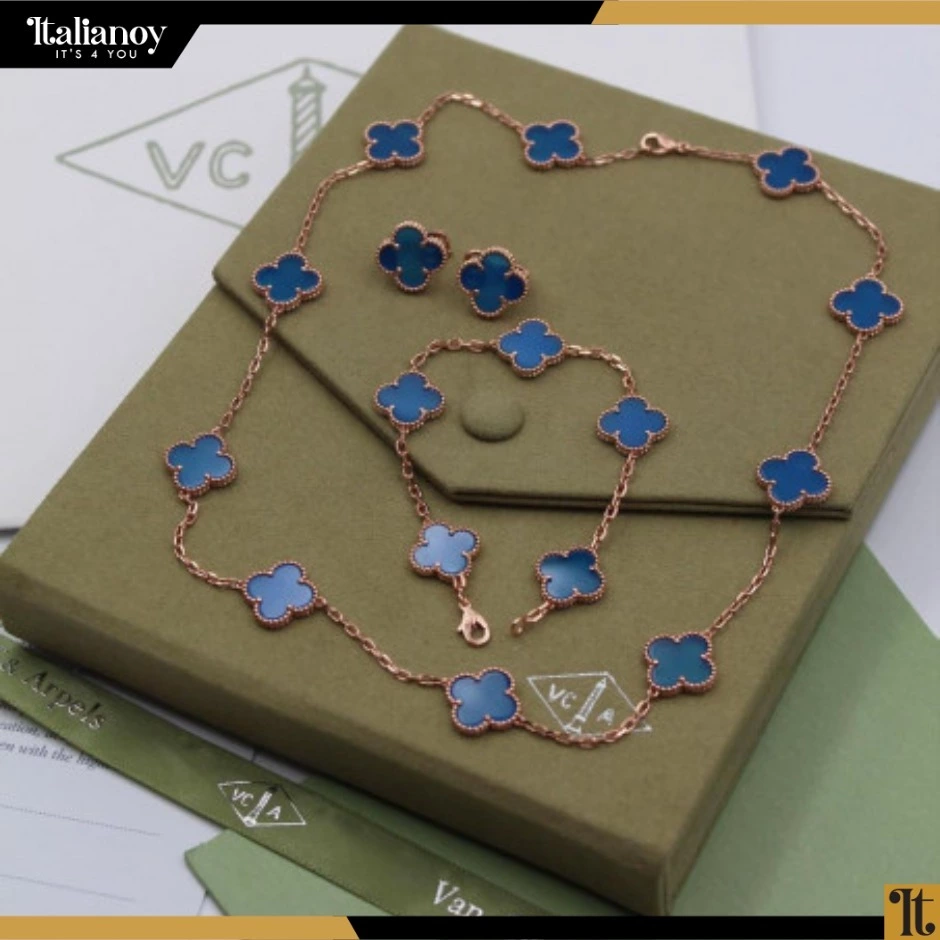(Van Cleef Rose Gold- Blue( Necklace - Bracelet - Earring
