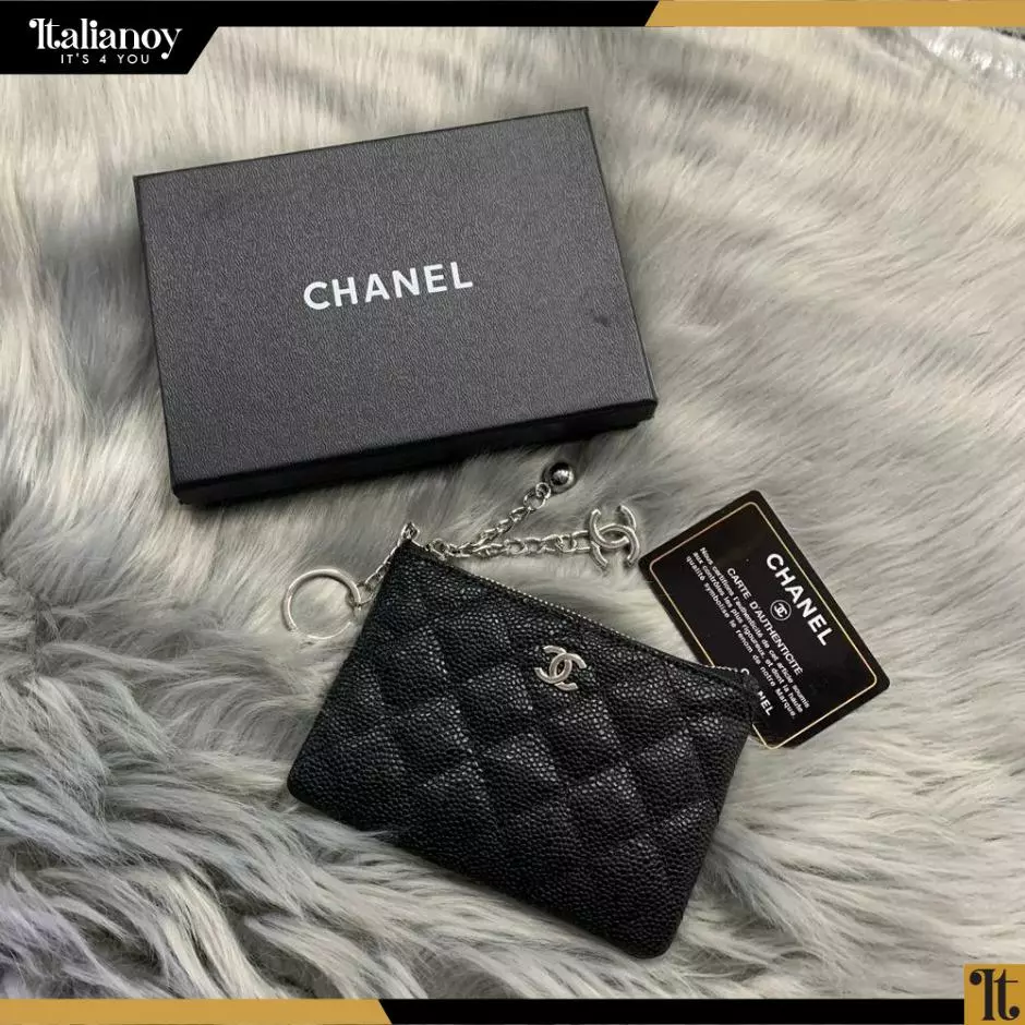 Chanel card holder lambskin leather black silver