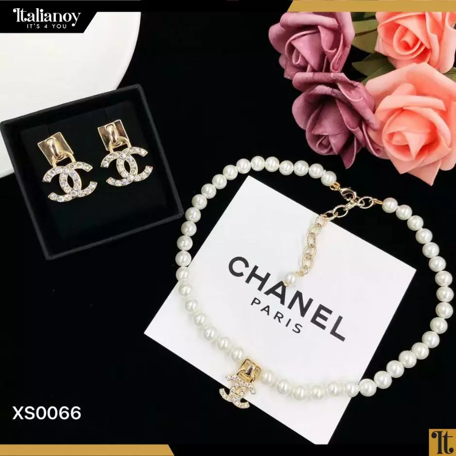 Chanel Pale Gold Faux Pearl Embedded Necklace ,Earrings