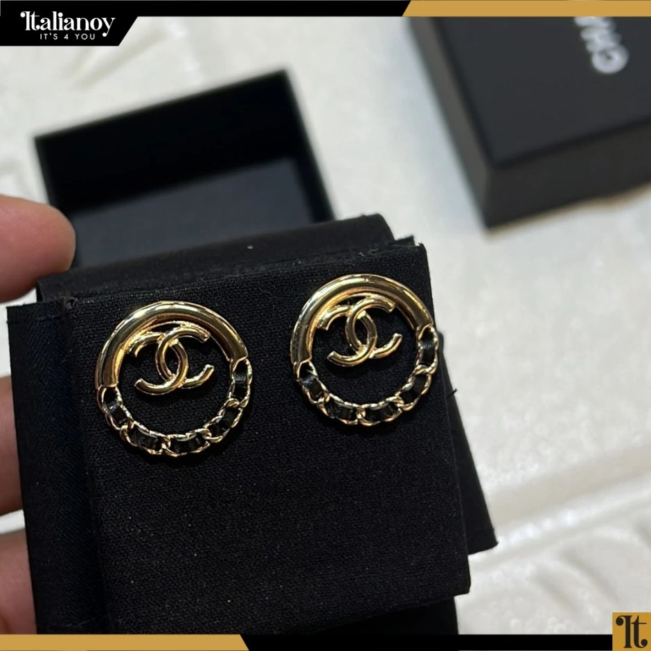 Chanel Light Gold & Black Cc Logo Circle Earrings