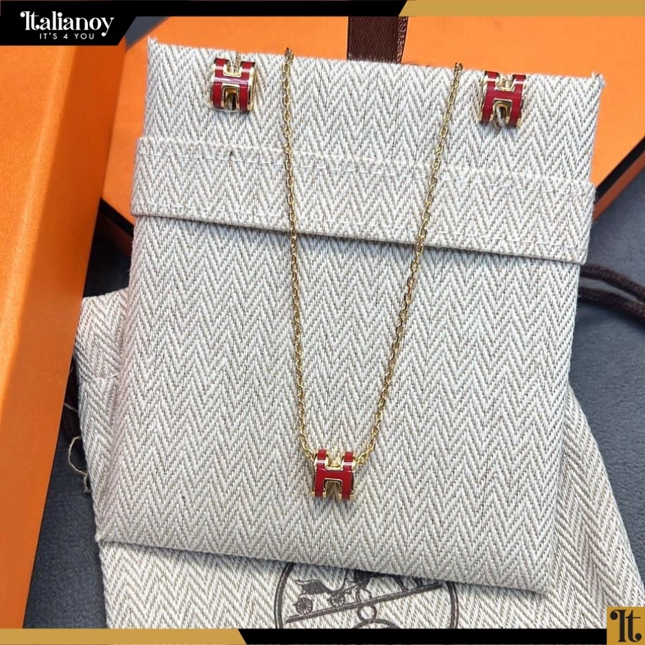 Hermes Pop H Pendant Necklace & earinings in Rose Gold Plated Coral