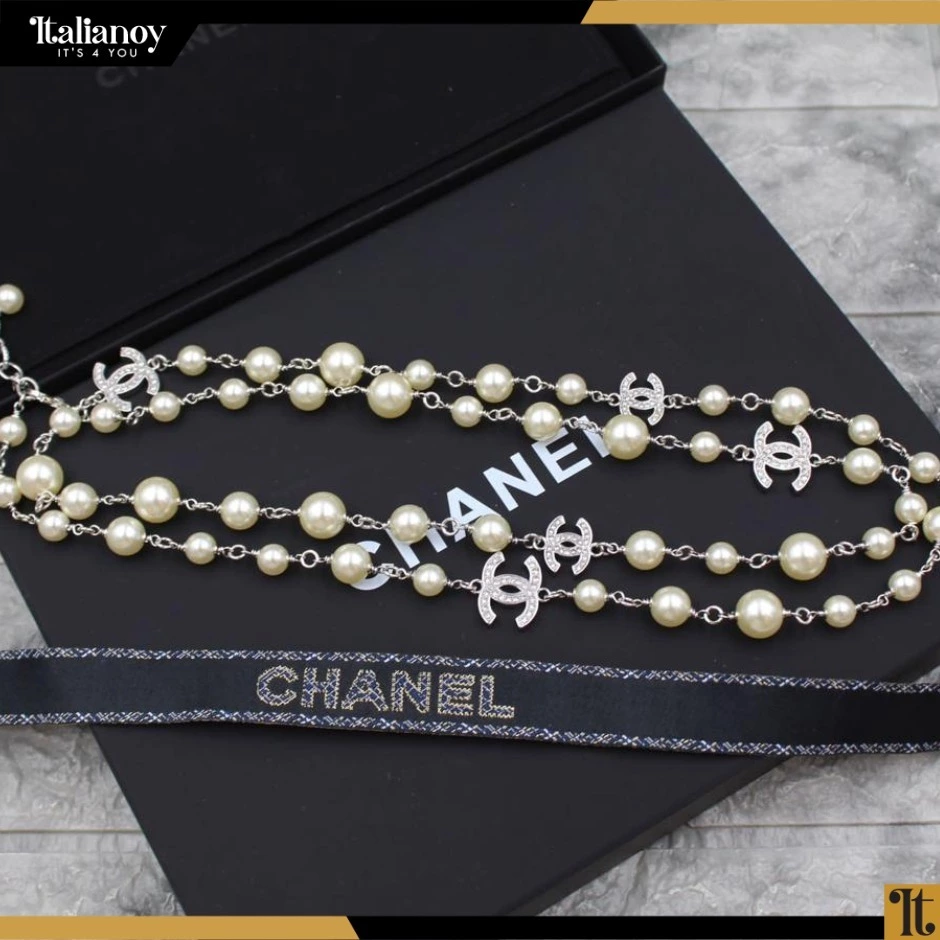 Chanel Cc Logo Chain Necklace With Imitation Pearls Silver Metal Pearl White