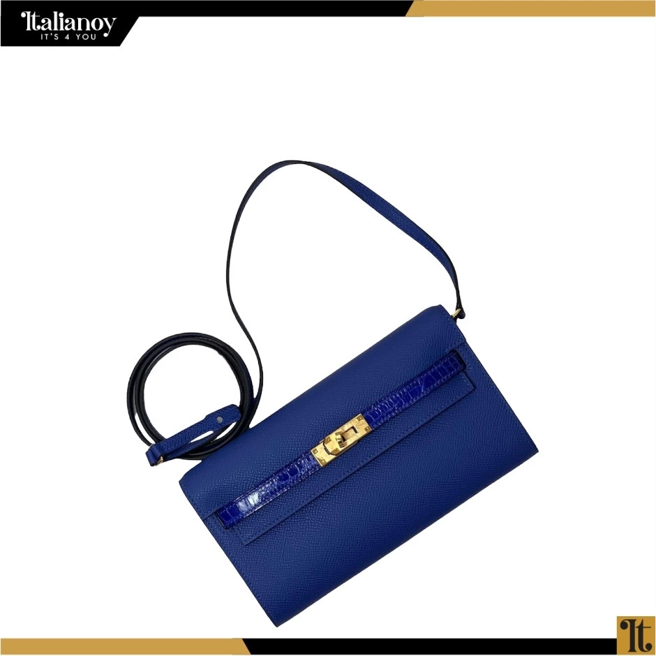 BLUE Epsom and Shiny Alligator Touch Kelly To Go Wallet Gold Hardware