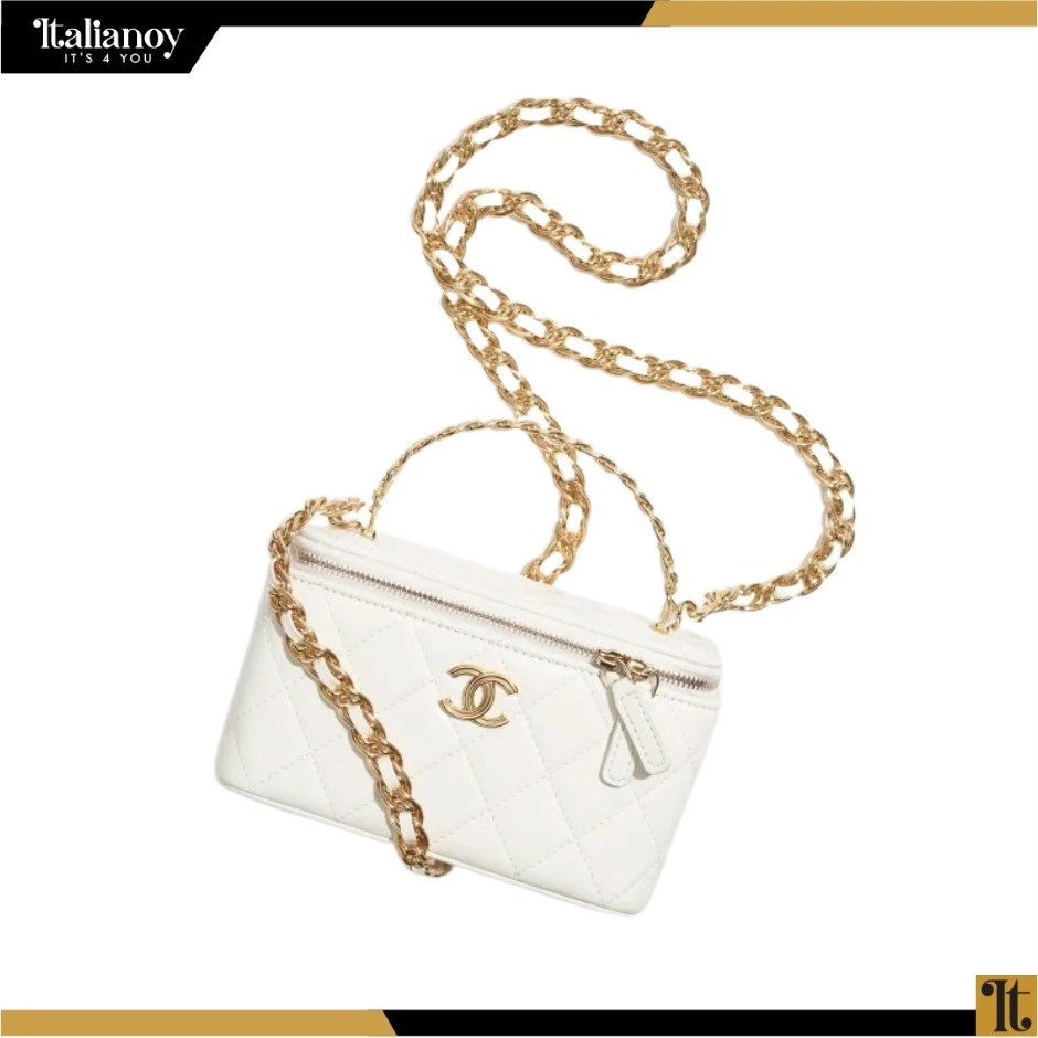 CLUTCH WITH CHAIN Grained Shiny Calfskin & Gold-Tone Metal White