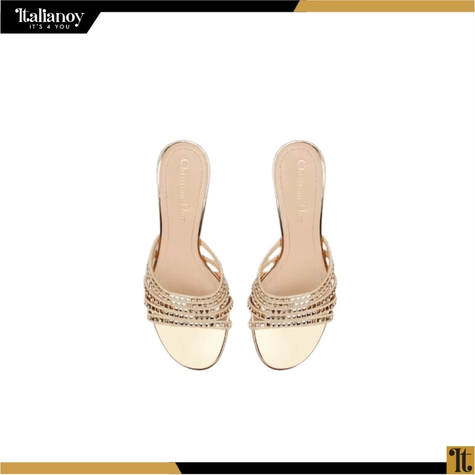 DIOR GEM HEELED SLIDE Cotton Metallic Thread Embroidery with Gold -Tone Square Strass