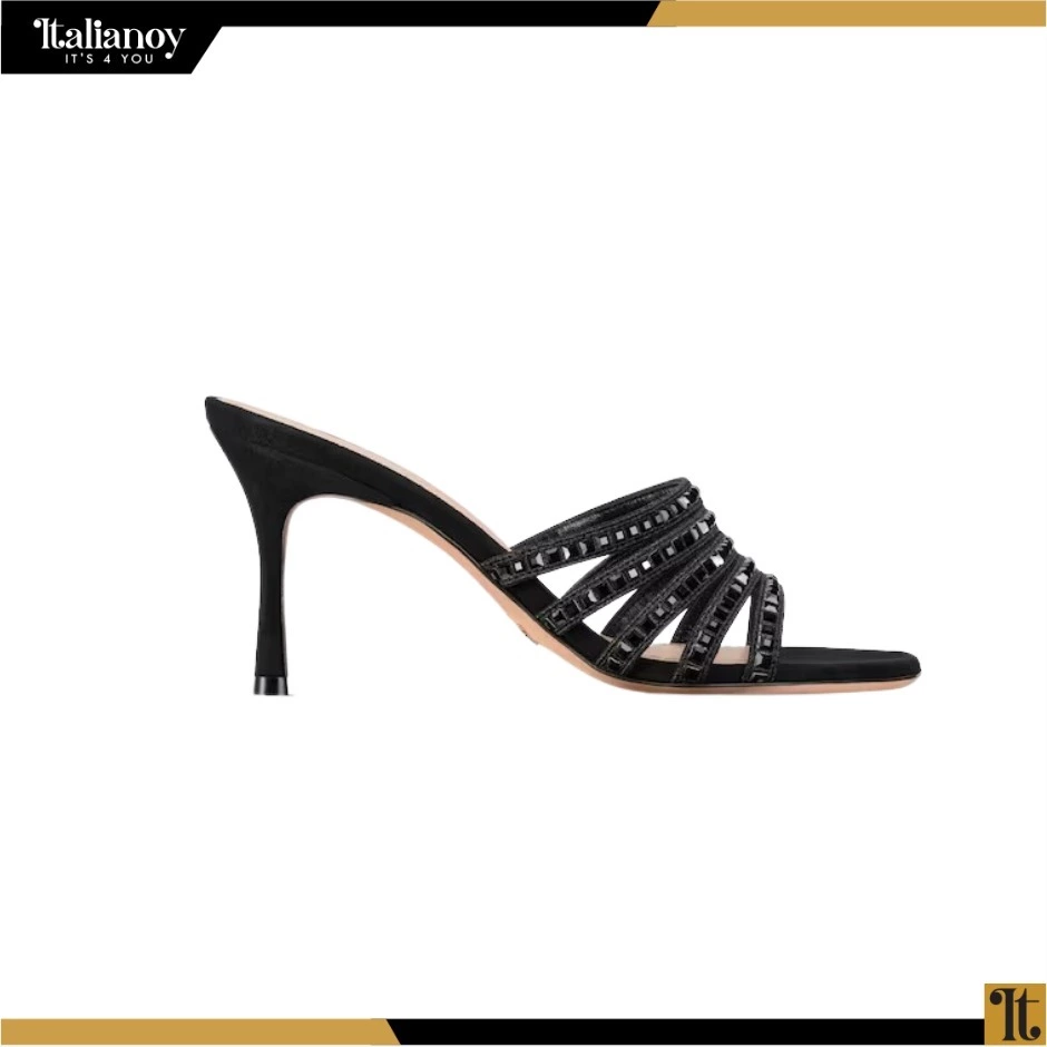 DIOR GEM HEELED SLIDE Cotton Metallic Thread Embroidery with black-Tone Square Strass