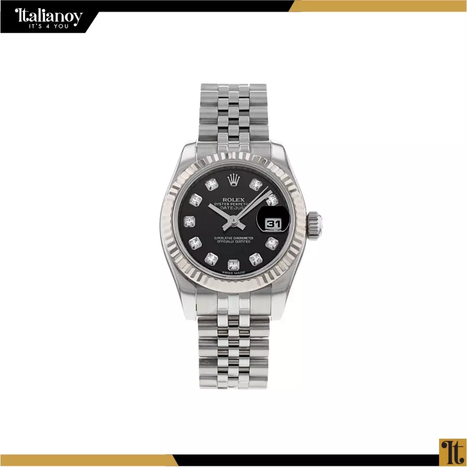 Rolex Steel and Silver Rolesor Lady-Datejust 28 Watch - Black Diamond Dial - Jubilee Bracelet
