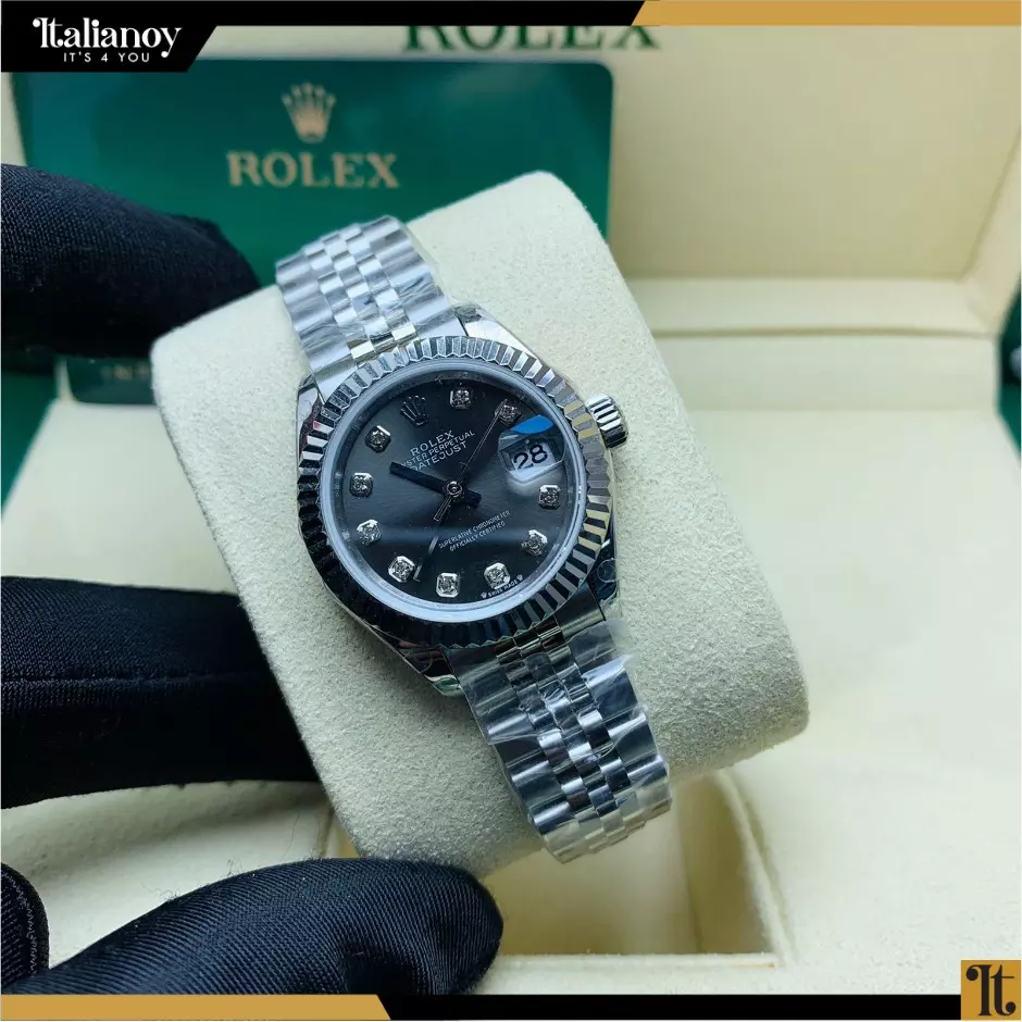 Rolex Steel and Silver Rolesor Lady-Datejust 28 Watch - Black Diamond Dial - Jubilee Bracelet