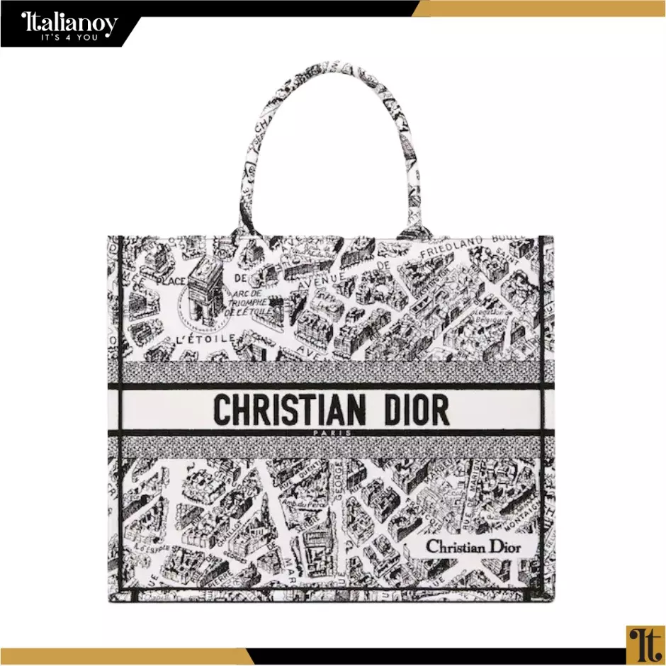 LARGE DIOR BOOK TOTE Black and White Plan de Paris Embroidery
