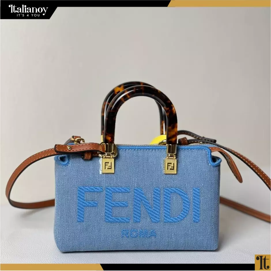 FENDI Vitello King Plexiglass Logo Embossed Mini By The Way Top Handle Boston Bag blue