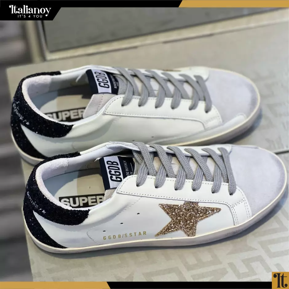 Women's Super-Star with gold star and black glitter heel tab