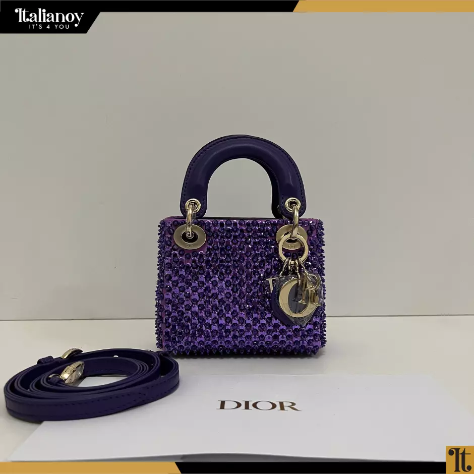 LADY DIOR MICRO BAG Purple Calfskin Embroidered with Strass
