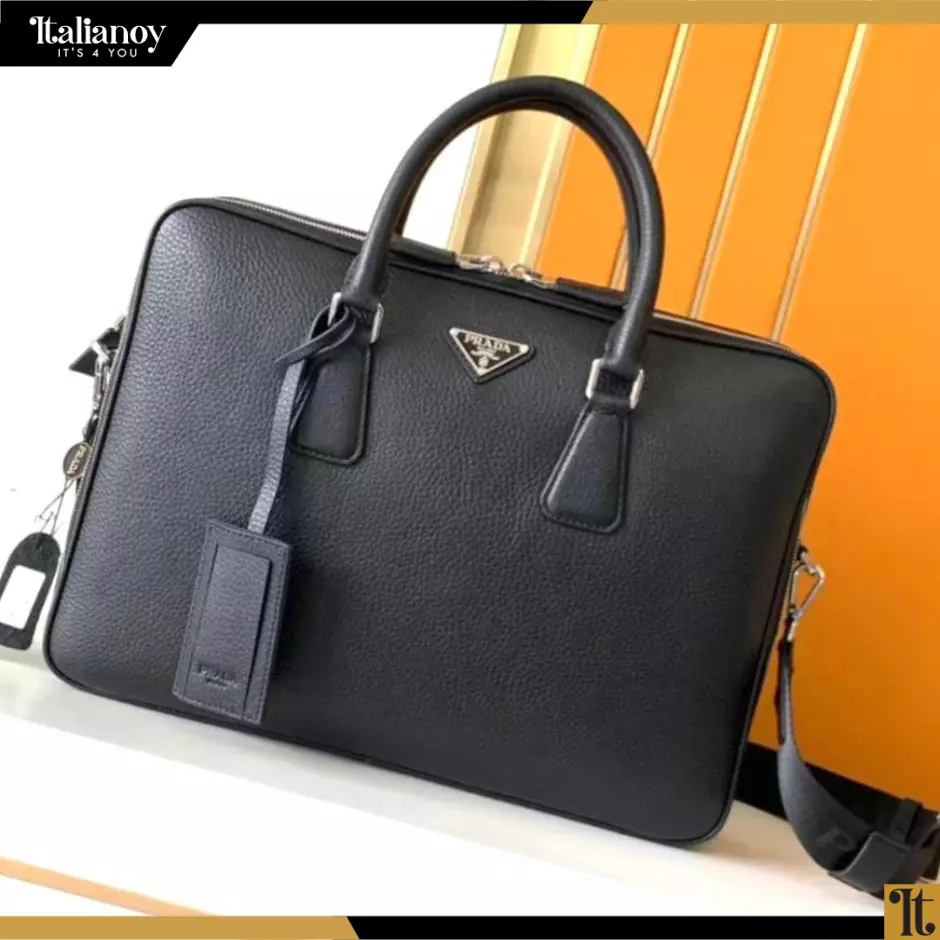 Prada 2VE368 Triangle Saffiano Leather Briefcase In Black